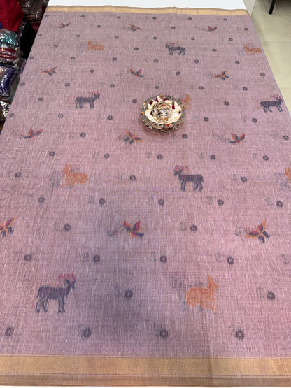 Linen Paithani style printed saree with floral tree border and tassel pallu, women’s festive daily wear saree