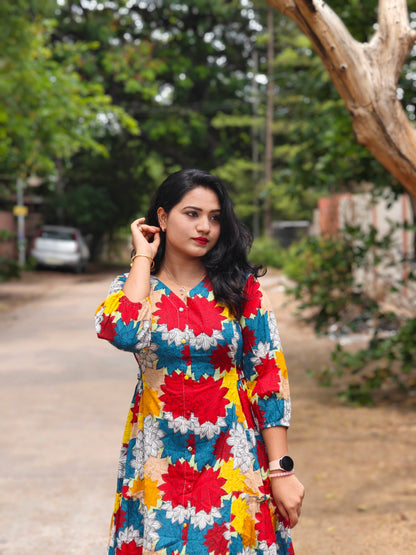 Radiant Blooms Cotton Flared Dress with Multi-Color Floral Panels – Casual & Occasion Wear