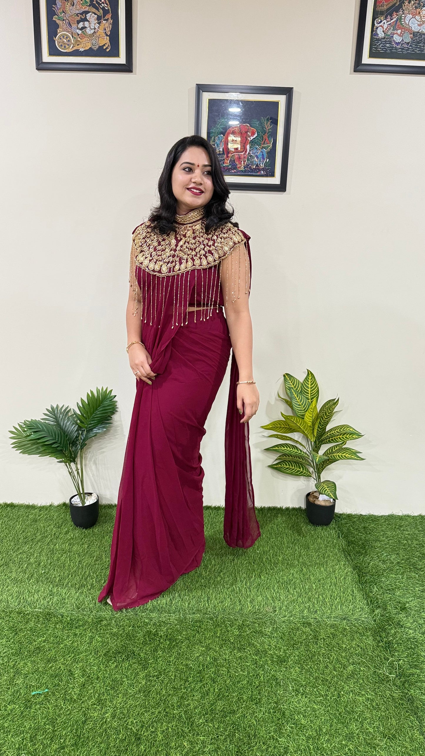 Pre-Draped Georgette Saree with Stitched Crop Top and Hand-Embroidered Cape – Ready-to-Wear Set for Women