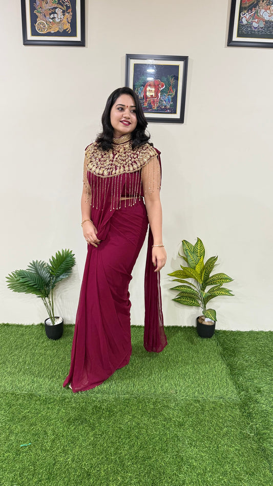 Pre-Draped Georgette Saree with Stitched Crop Top and Hand-Embroidered Cape – Ready-to-Wear Set for Women