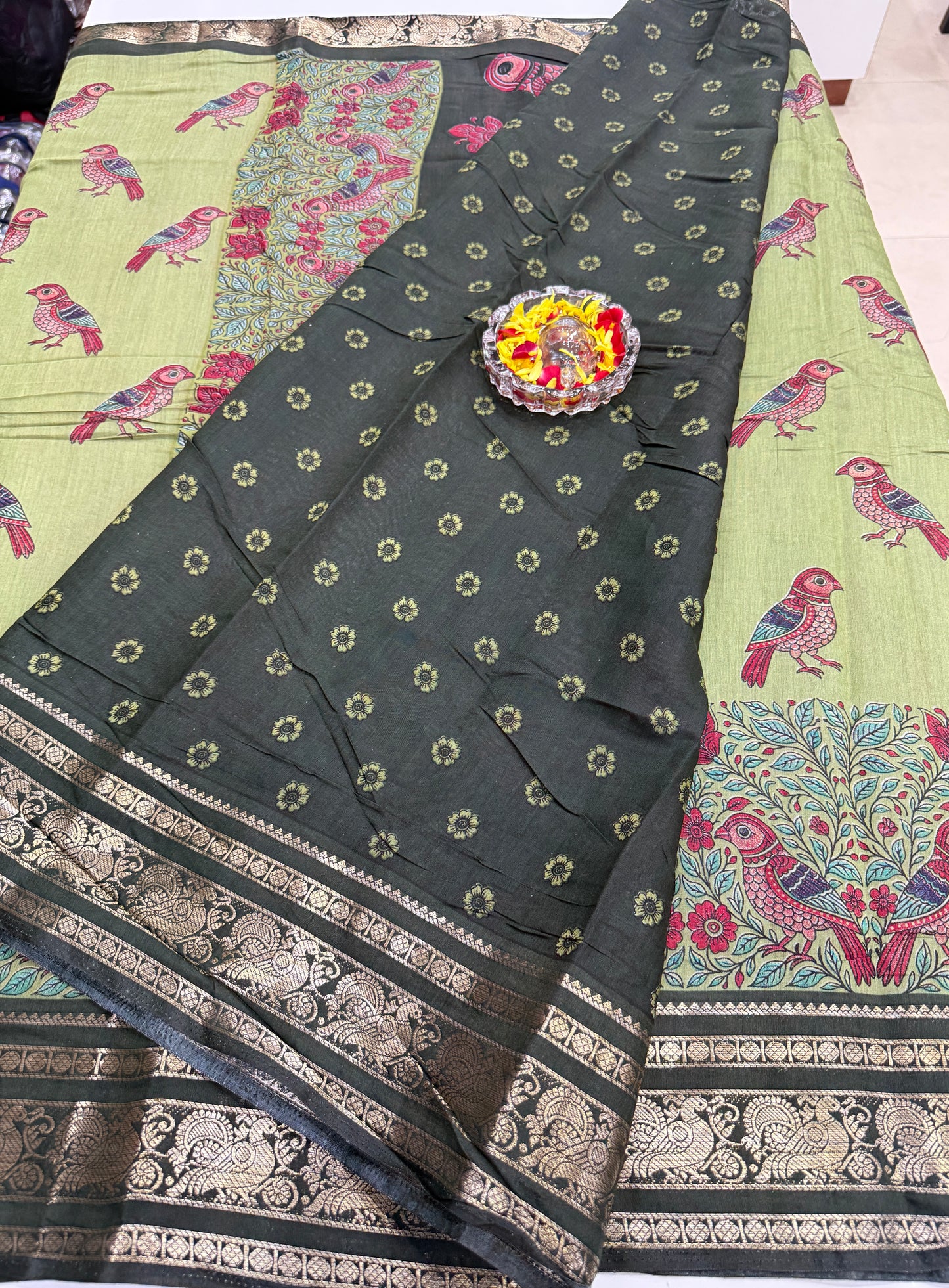 Venkatagiri style silk-blend printed saree with bird motifs and zari-style border, 6.3m women’s festive saree