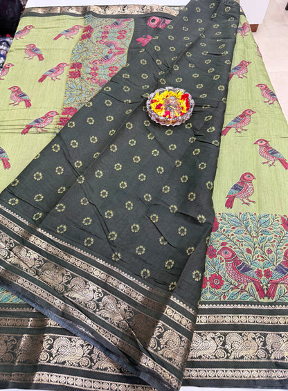 Venkatagiri style silk-blend printed saree with bird motifs and zari-style border, 6.3m women’s festive saree