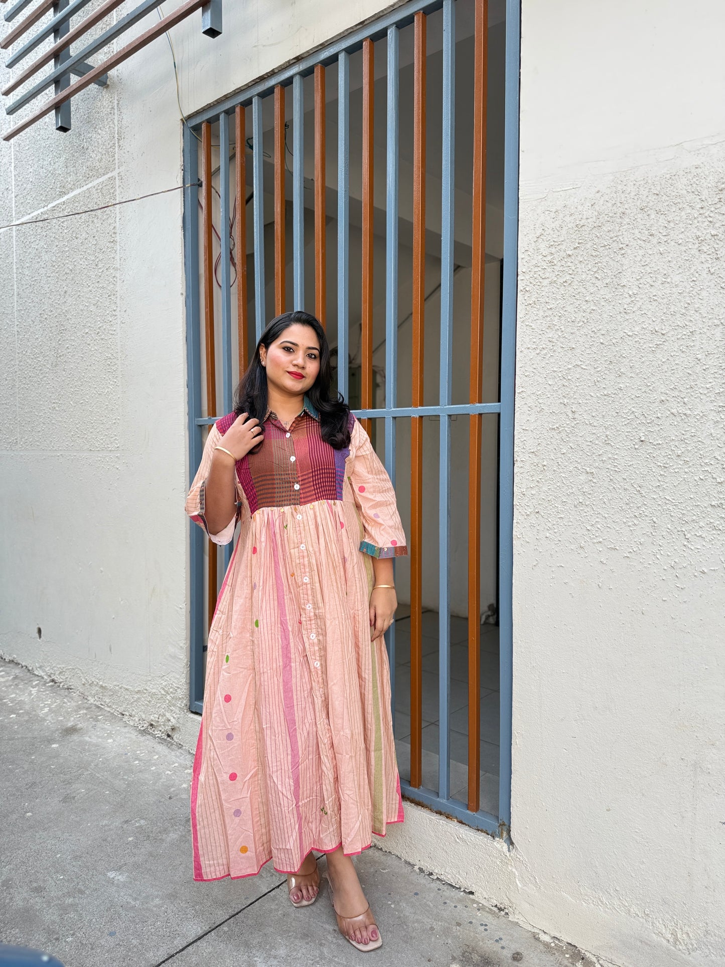 Pastel Panelled Cotton Dress with Checkered Yoke and Hand-Embroidered Motifs – Women’s Full Sleeve Casual Wear