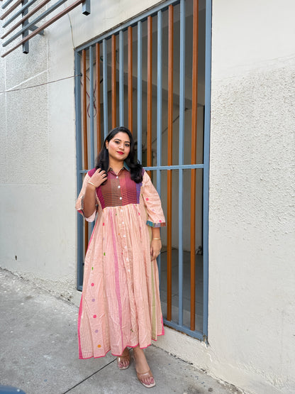 Pastel Panelled Cotton Dress with Checkered Yoke and Hand-Embroidered Motifs – Women’s Full Sleeve Casual Wear