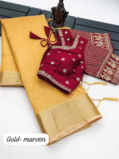 Soft Tissue Silk Saree with Small Butti Design, Embroidered Blouse up to Size 42 or Plain Silk Blouse