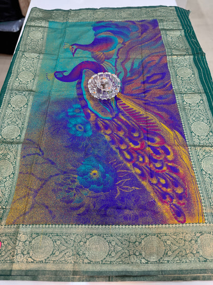Modal silk saree with woven buttas and peacock pallu for women