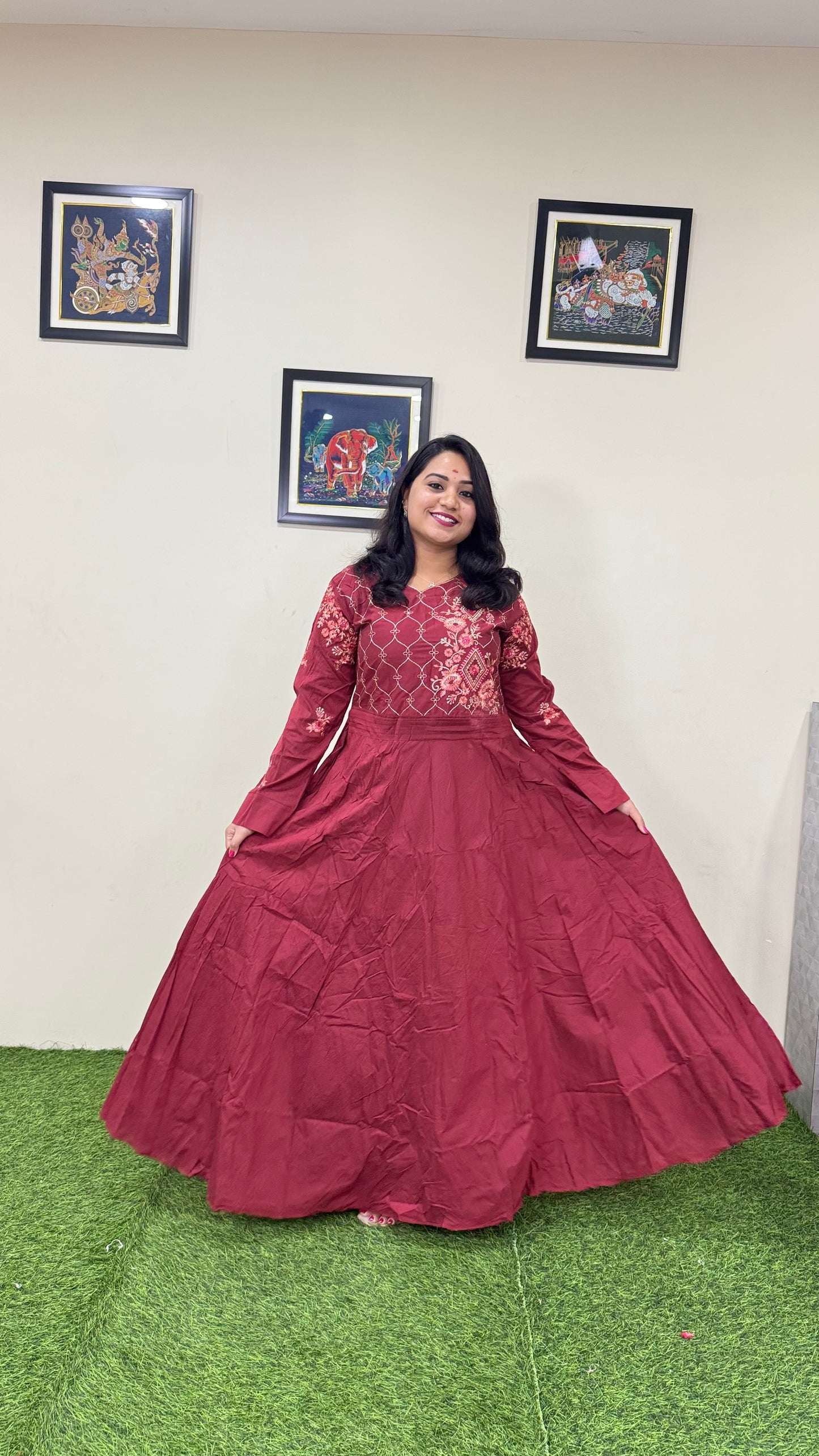 Muslin Silk Embroidered Gown for Women with Handwork and Malai Crepe Inner – 56+ Inch Length