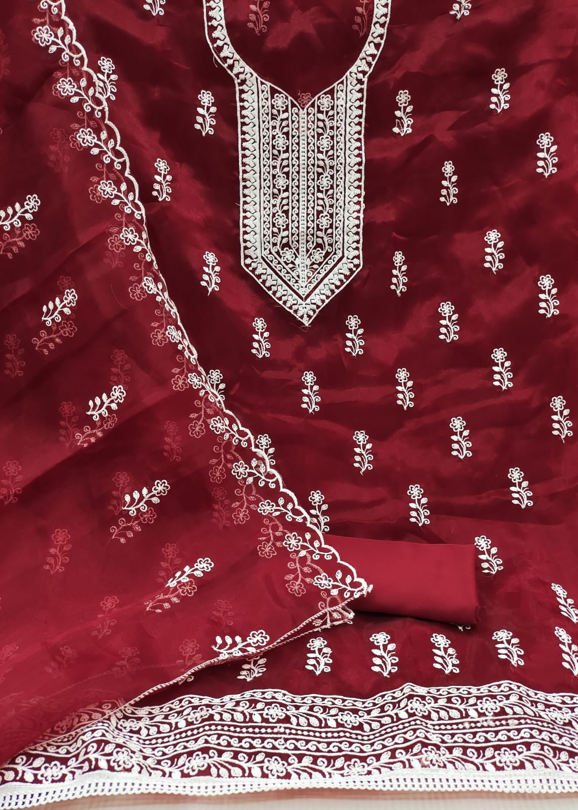 Unstitched Organza Silk Dress Material with Multi-Work Detailing, Micro Fabric Bottom and Organza Dupatta