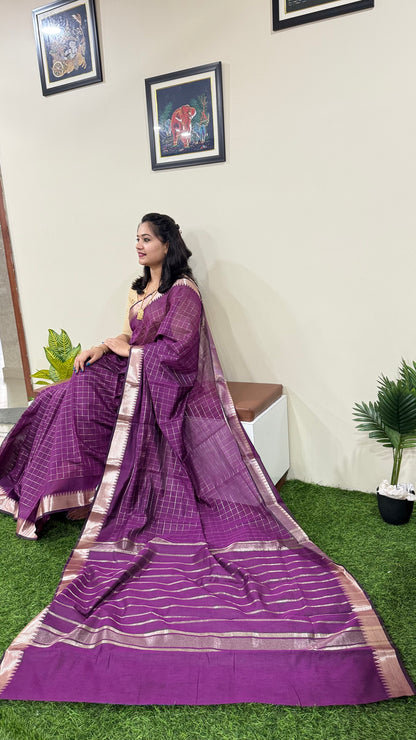 Mangalgiri Soft Semi Tussar Silk Saree with Check Pattern and Blouse Piece for Women – Lightweight Drape