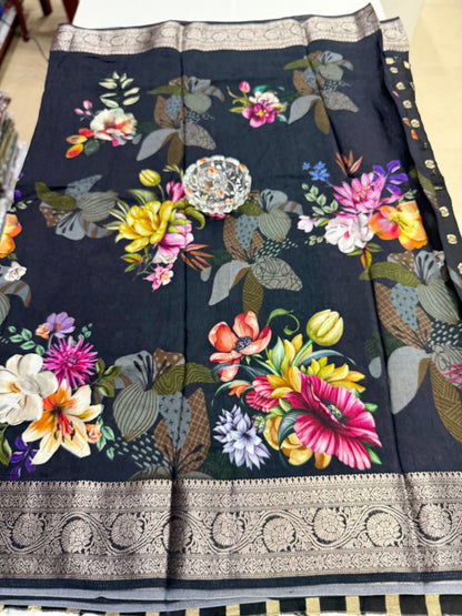 Russian Viscose Crepe Silk Chittpallu Saree with Heritage Print and Zari Border for Women