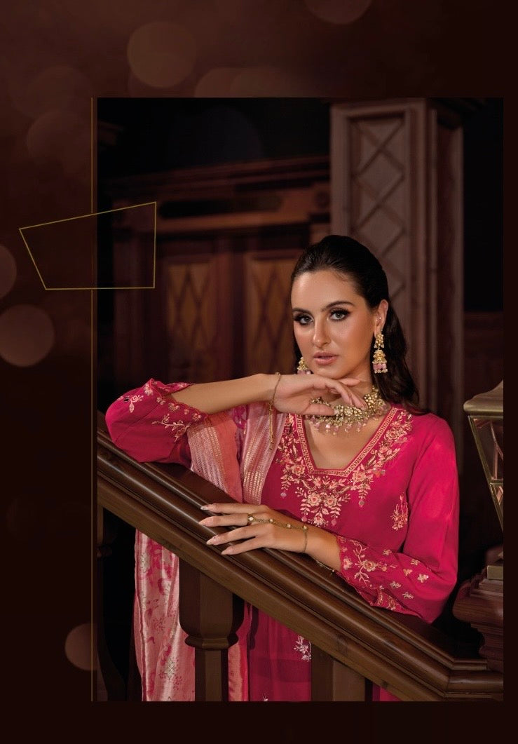 Viscose Silk Embroidered Kurta Plazzo Dupatta Set with Mirror Work and Printed Dupatta – XL & XXL