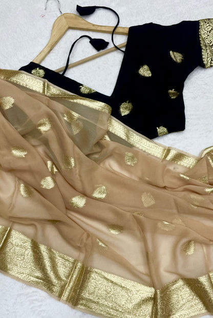 Women’s Pure Viscose Georgette Saree with Leaf Zari Design and Contrast Running Blouse