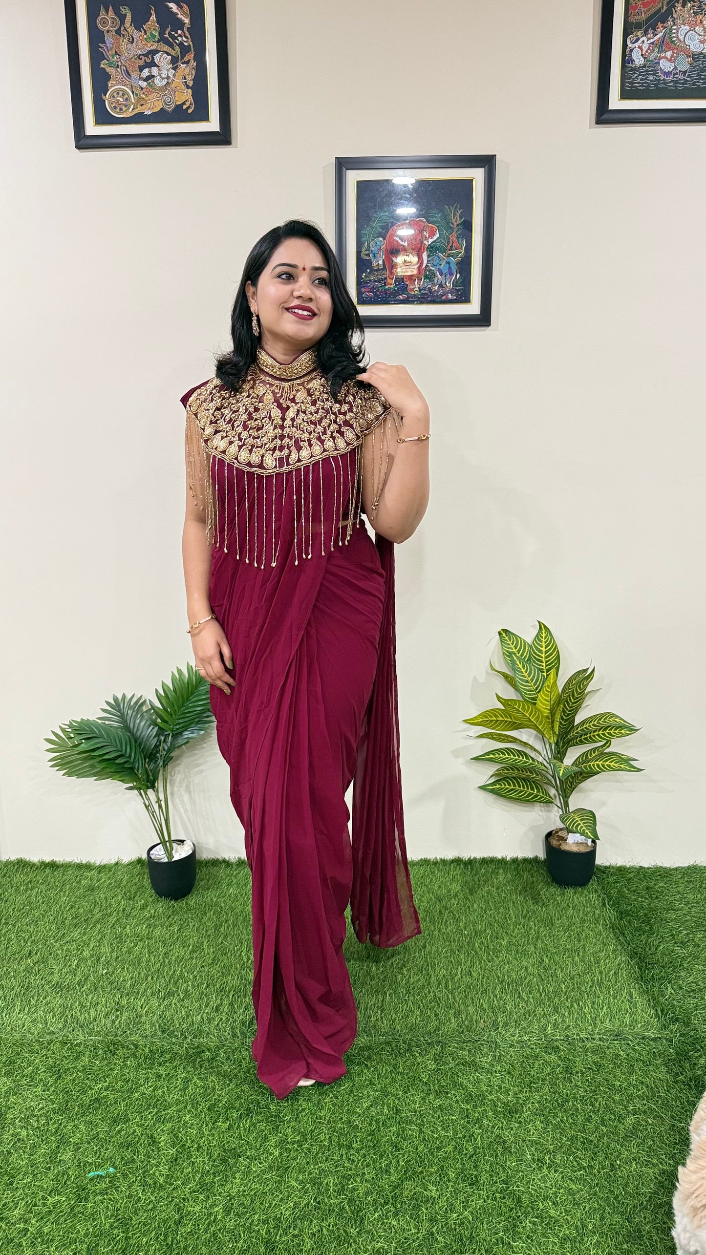 Pre-Draped Georgette Saree with Stitched Crop Top and Hand-Embroidered Cape – Ready-to-Wear Set for Women