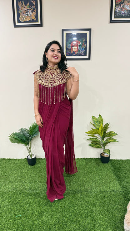 Pre-Draped Georgette Saree with Stitched Crop Top and Hand-Embroidered Cape – Ready-to-Wear Set for Women