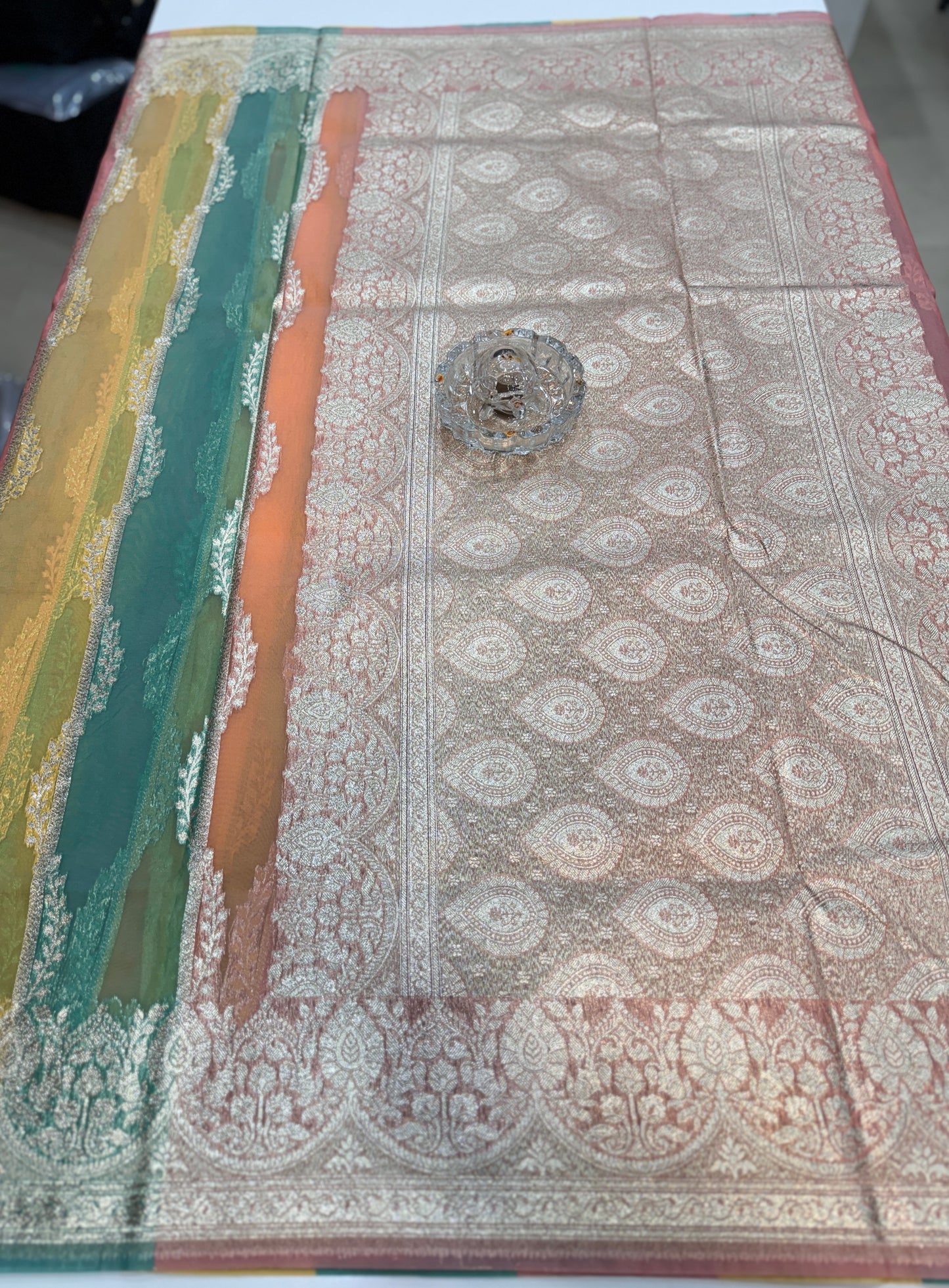 Banarasi handloom kora organza rankaat saree with allover zari stripe weaving and blouse piece