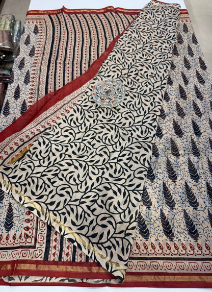 Pure Chanderi Silk Saree with Intricate Handblock Print and Blouse Piece – Traditional Wear for Women