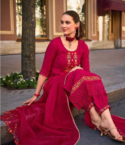 Women’s Self-Jacquard Silk 3-Piece Suit Set with Afghani Bottom and Organza Dupatta – XXL & 3XL