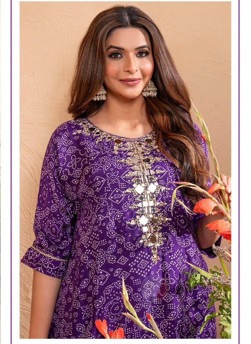 Dola Silk Kaftan Kurti with Tulip Pant for Women with Manual Mirror Embroidery - M and XXL