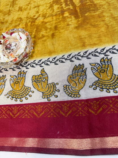 Silk blend printed saree with contrast border and pallu print, 6.3m with running blouse, 6 color options