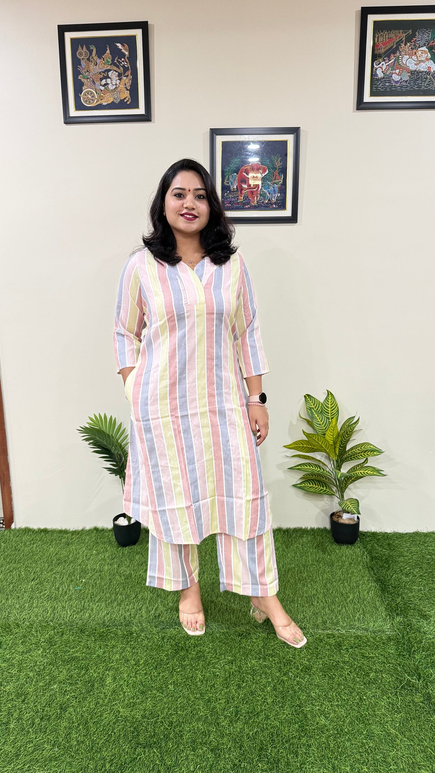 Women's Handloom Striped Coord Set in Soft Cotton – Regular Fit Casual Wear Set (Sizes 36–44)