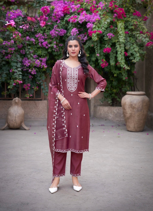 Viscose Vertical Straight Cut Kurta Pant Dupatta Set with Embroidery and Organza Dupatta – Sizes XL to 3XL