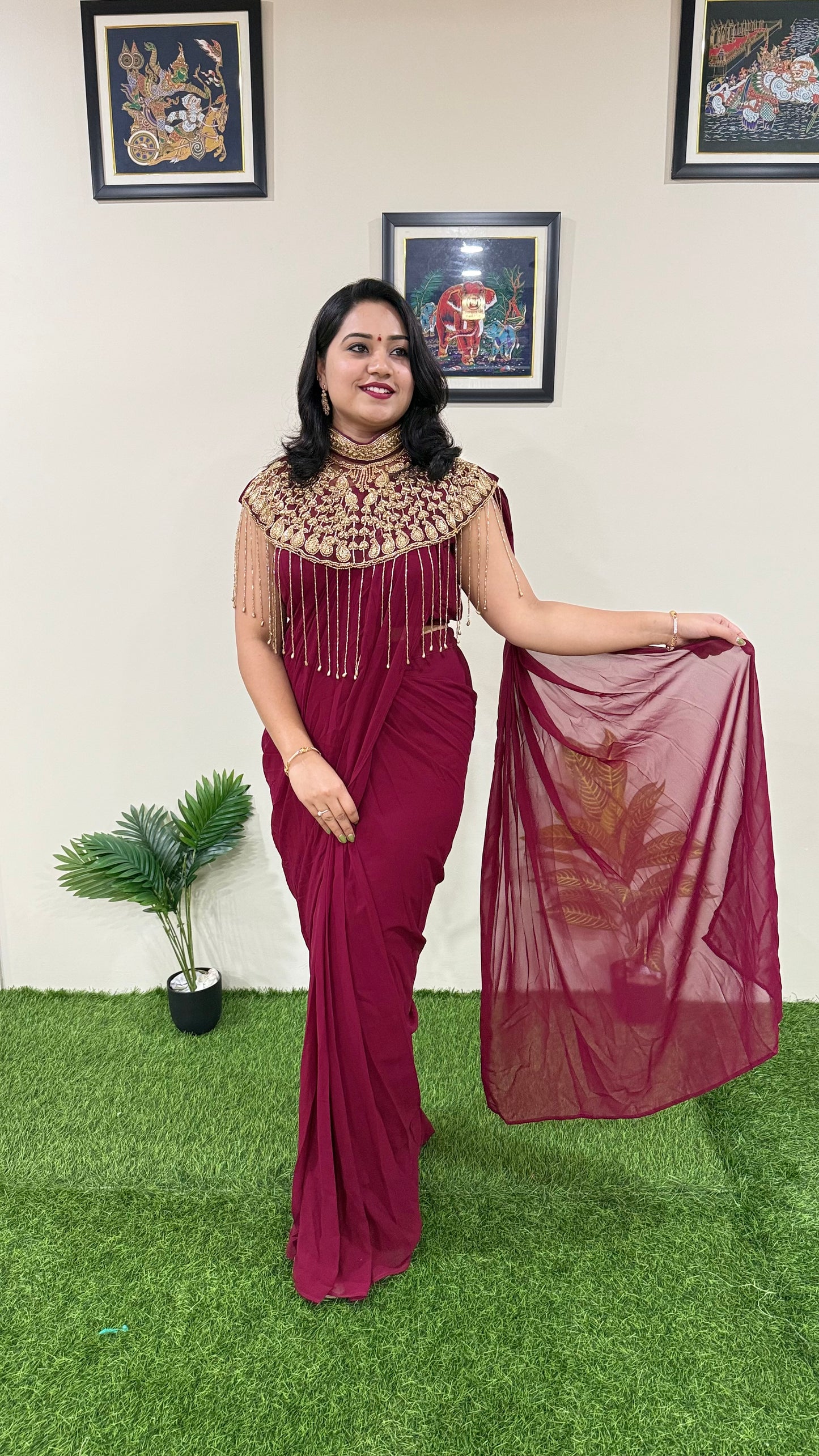 Pre-Draped Georgette Saree with Stitched Crop Top and Hand-Embroidered Cape – Ready-to-Wear Set for Women