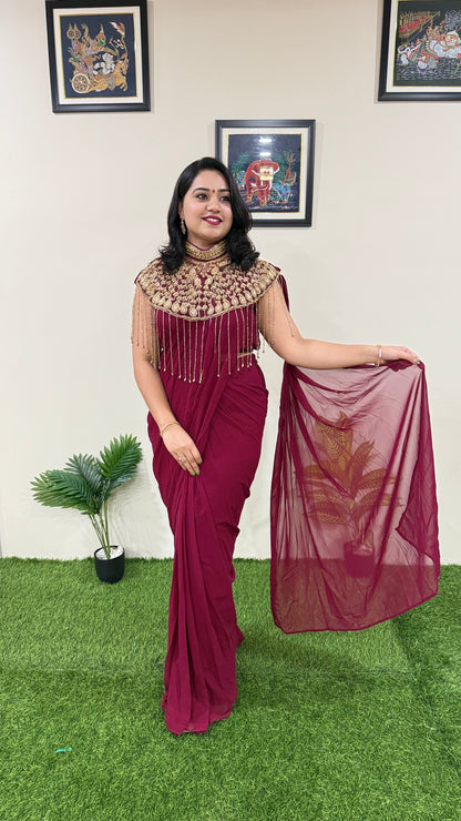 Pre-Draped Georgette Saree with Stitched Crop Top and Hand-Embroidered Cape – Ready-to-Wear Set for Women