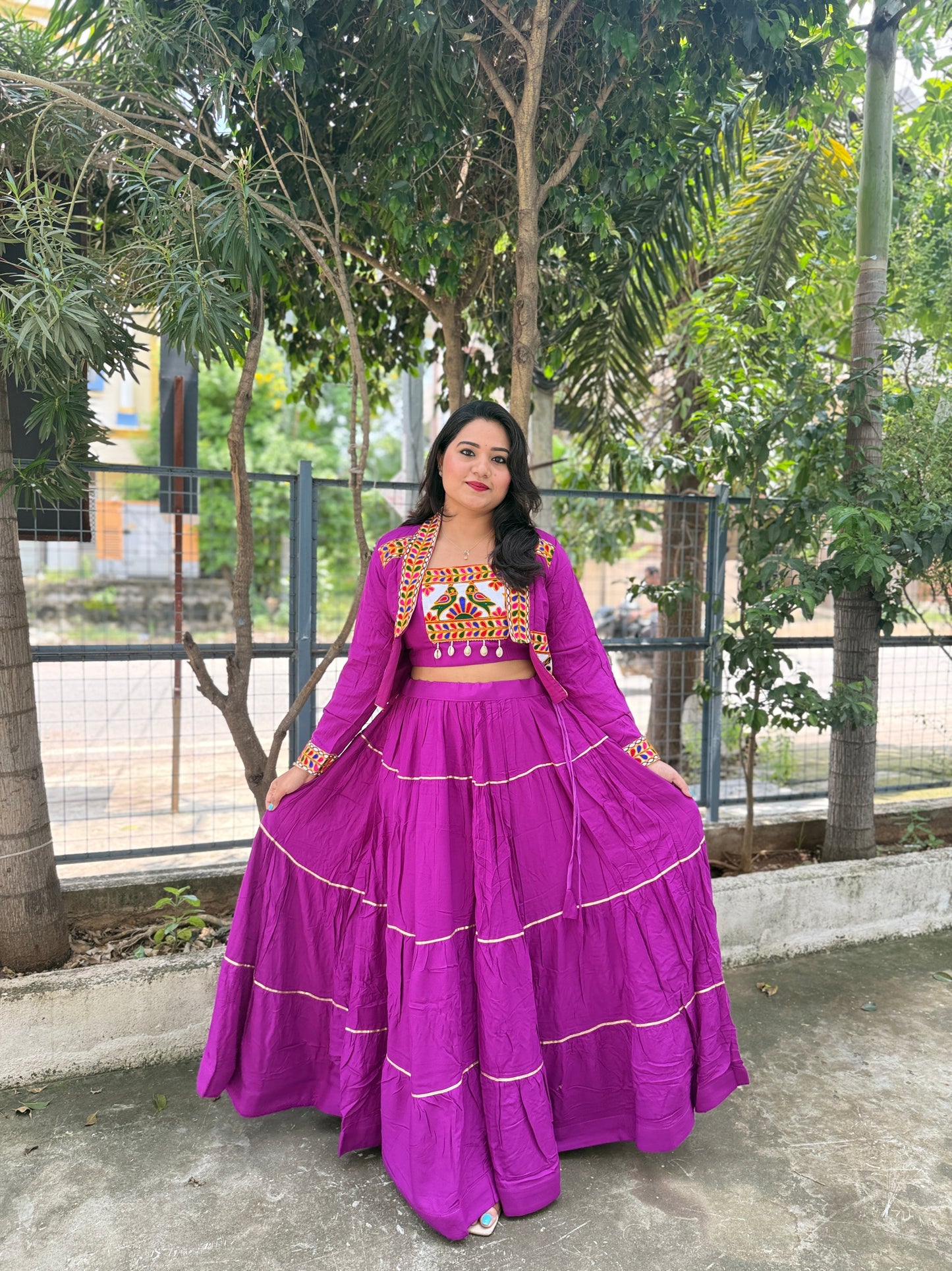 Rayon Lehenga Choli with Embroidered Gamthi Work Koti and Cowrie Lace – Navratri and Festive Wear