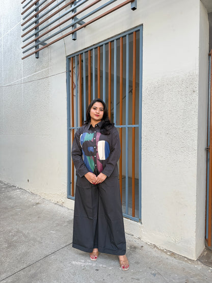 Premium Poplin Co-ord Set for Women with Abstract Print Shirt and Wide-Leg Pants – Smart Casual Outfit