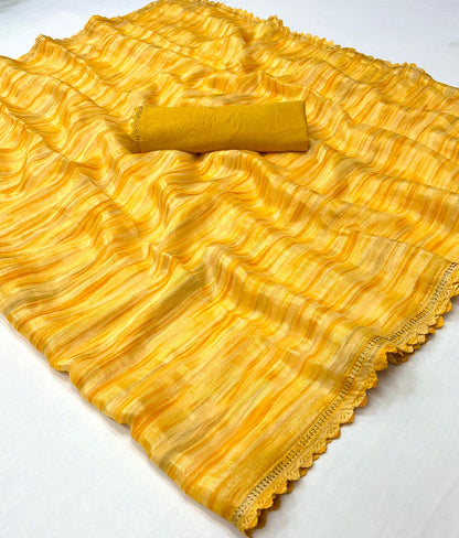 Stunning Gold Georgette Saree with Weaving Zari Sibori Print and Siroski Cutwork Border