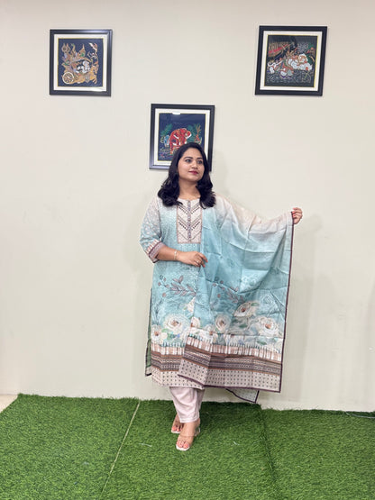 Cotton Schiffli Digital Print Suit Set with Muslin Dupatta and Khatli Handwork – L to 3XL