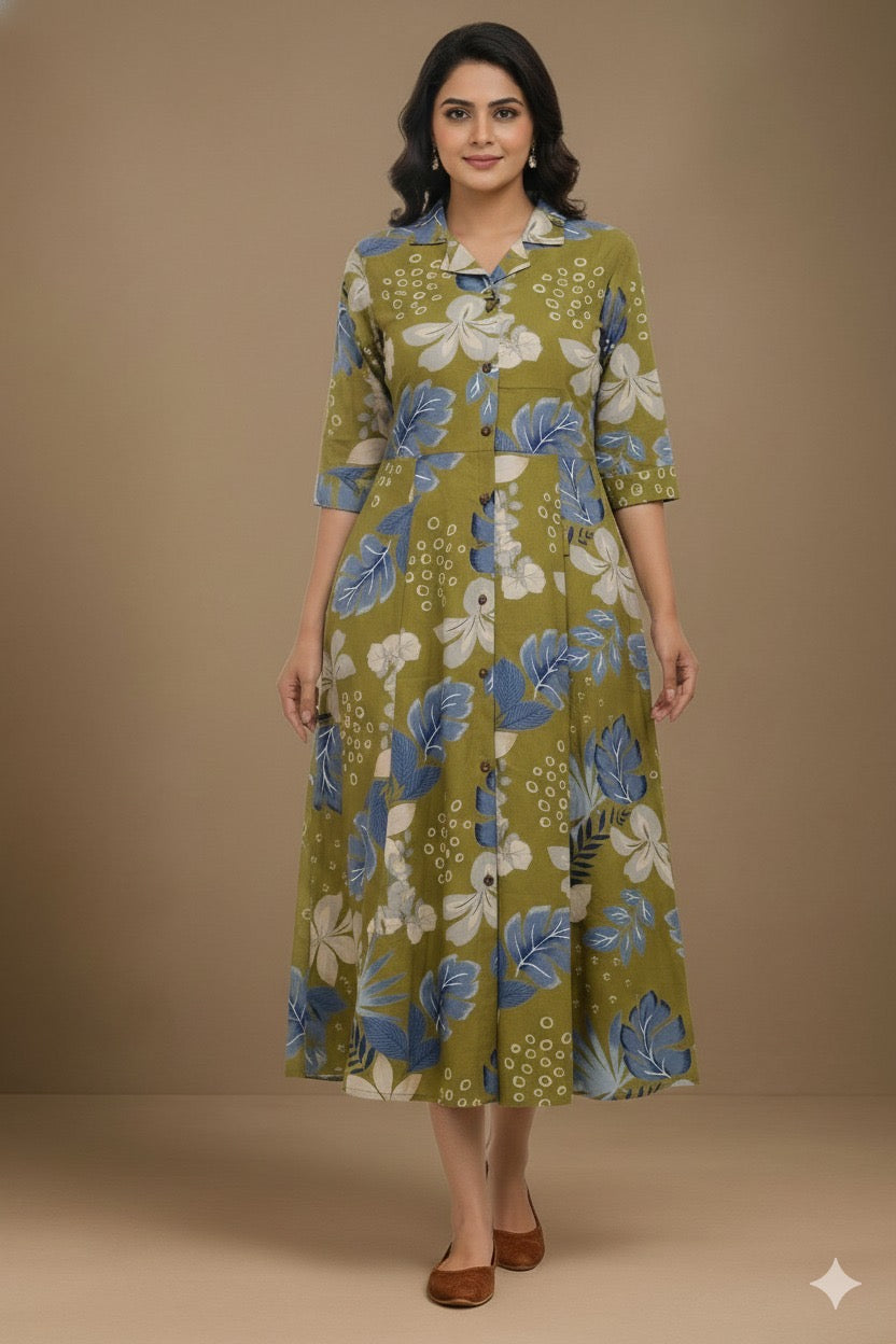 Women’s cotton A-line dress with olive–blue floral print, button-down style and 3/4 sleeves, size 38–46