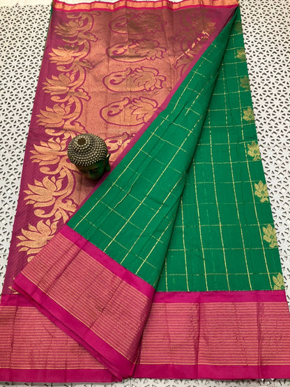 Mangalagiri Semi Pattu Saree with Kadi Border, Checks and Butta Weave for Women – Contrast Pallu and Blouse