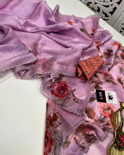 Heavy Soft Silk Saree with Swarovski Work and Floral Digital Print