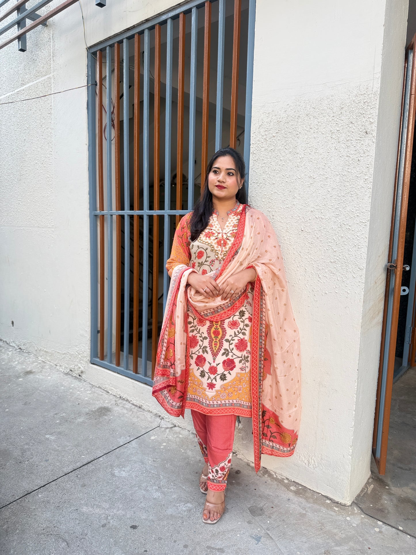 Premium digital crepe printed suit set for women with lining, kurta pant dupatta, thread work detailing