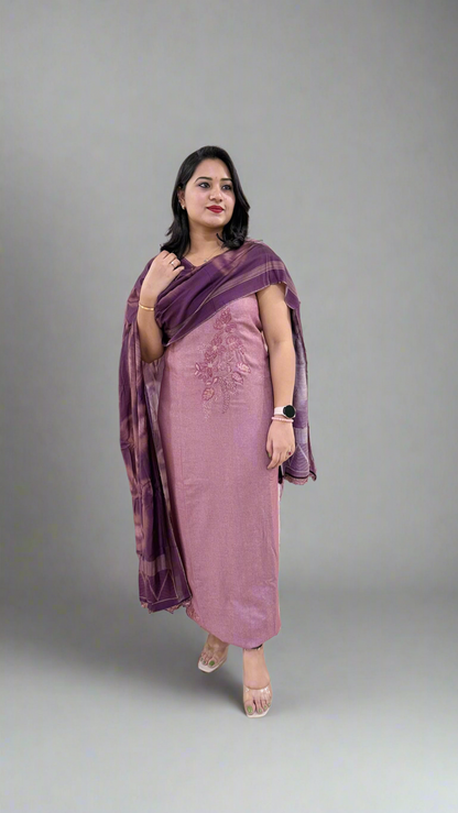 Kashmeeree Embroidered Top with Pure Pashmina Bottom and Silkina Digital Print Dupatta Set for Women