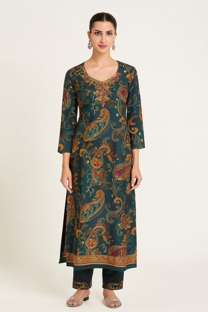 Natural Crepe Kurta Set with Mirror Handwork and Printed Viscose Dupatta – XL to 3XL Sizes