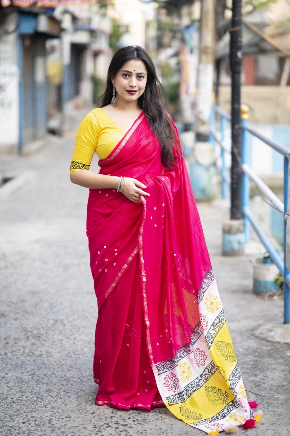 Chanderi Cotton Saree with Hand-Tied Bandhani and Block Printed Pallu – Festive Wear for Women