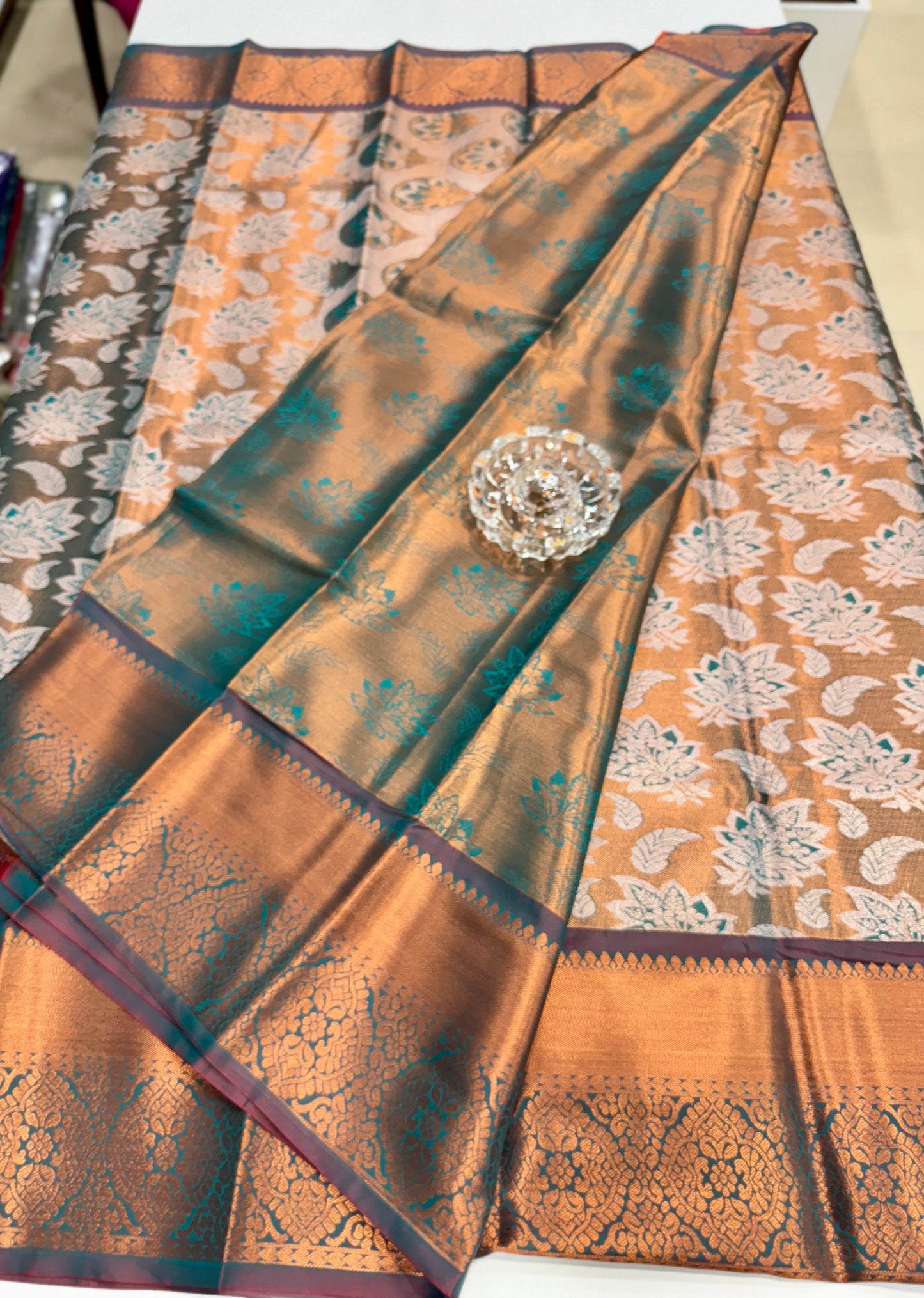 Bridal tissue saree for women with woven zari work and contrast border, kanchipuram style powerloom saree with blouse fabric