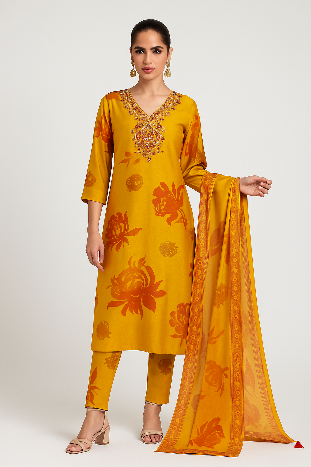 Natural Crepe Kurta Set with Mirror Handwork and Printed Viscose Dupatta – XL to 3XL Sizes