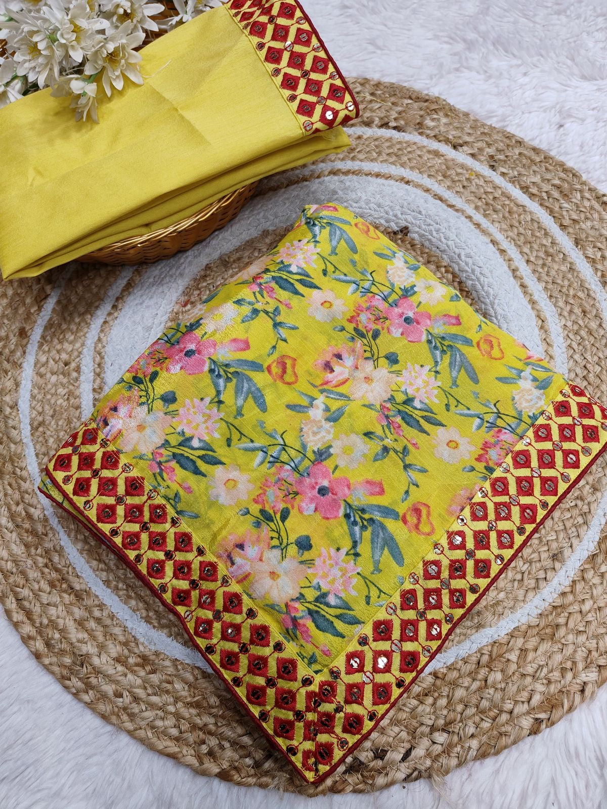 Soft Chinon Silk Saree with Digital Print, Mirror Work, and Designer Lace Border – With Blouse