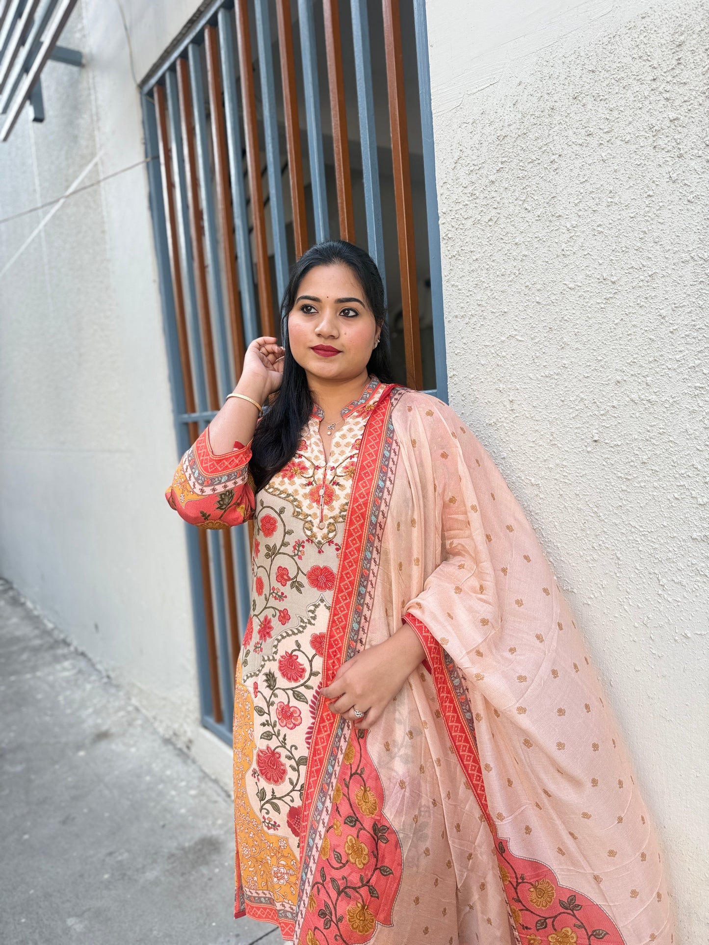 Premium digital crepe printed suit set for women with lining, kurta pant dupatta, thread work detailing