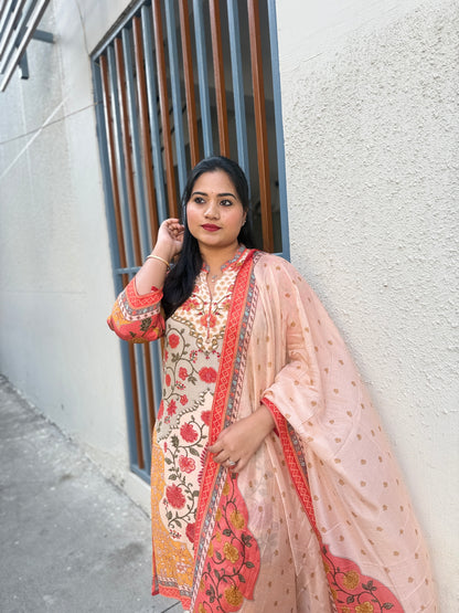 Premium digital crepe printed suit set for women with lining, kurta pant dupatta, thread work detailing