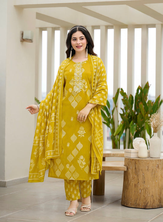 Cotton Printed Suit Set with Embroidery – 3-Piece Set with Dupatta (XXL to 4XL)