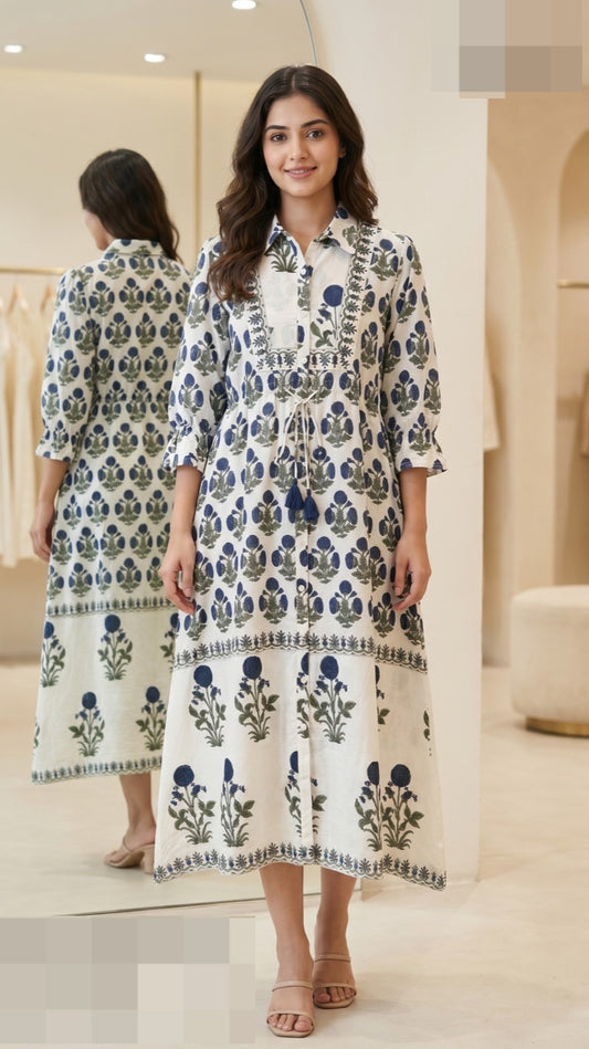 Mul Cotton Printed Midi Dress for Women with Tassel Tie-Up Waist Floral Placement Print Casual Wear