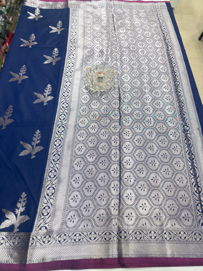 Women’s Banarasi semi mashru katan silk saree with zari boota weaving, rich pallu and brocade blouse