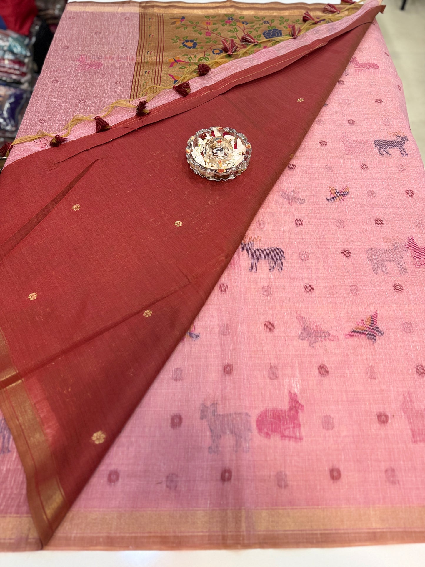 Linen Paithani style printed saree with floral tree border and tassel pallu, women’s festive daily wear saree
