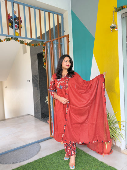 Women’s Kalamkari Cotton Kaftan Set with Embroidery and Mirror Work – Sizes 38 to 44