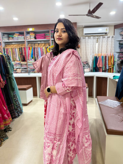 Pink Rayon Kurta Pant Dupatta Set with Floral Embroidery – Women’s Sizes S to 2XL