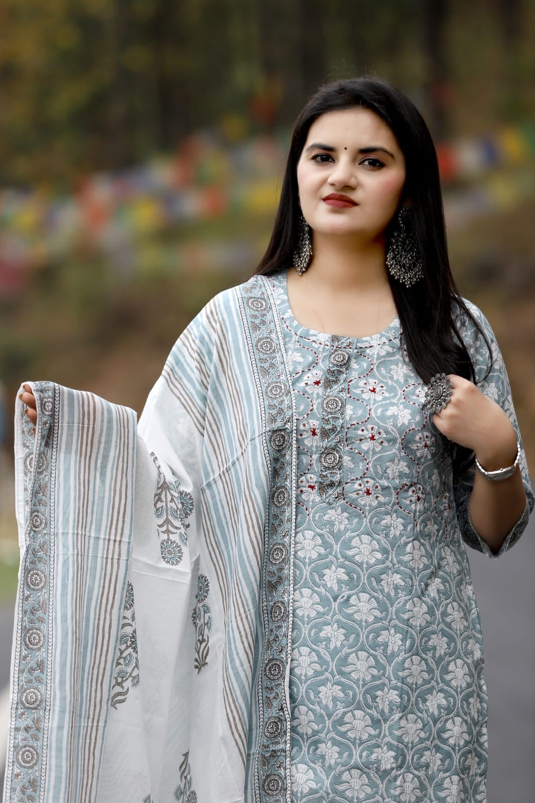 Cotton Straight Suit with Handblock Print and Katha Embroidery – Kurta Pant Dupatta Set for Women